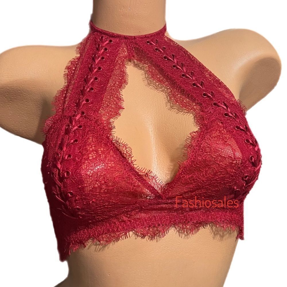 Victoria’s Secret lace up high Neck Sexy Unlined Bralette Bra Red - Picture 4 of 4